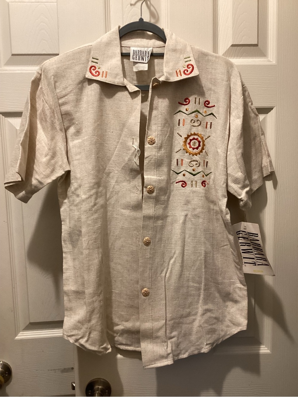 Vintage Natural Cream Embroidered Short-Sleeve Blouse by Barbara Gerwit